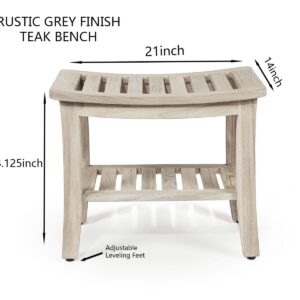 TeakCraft Gray Teak Shower Bench with Shelf 21 Inch for Bathroom, Spa - Fully Assembled, Shower Stool, Rustic Gray Finish, The Lavici