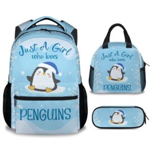 cunexttime penguin backpack with lunch box, set of 3 school backpacks matching combo for girls boys, cute blue bookbag and pencil case bundle