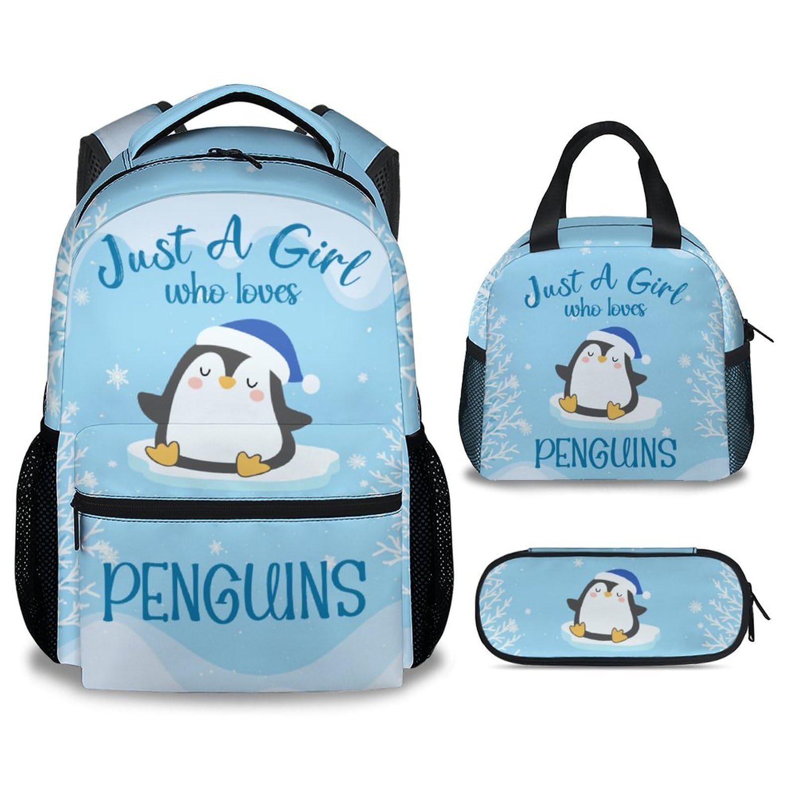 CUNEXTTIME Penguin Backpack with Lunch Box, Set of 3 School Backpacks Matching Combo for Girls Boys, Cute Blue Bookbag and Pencil Case Bundle