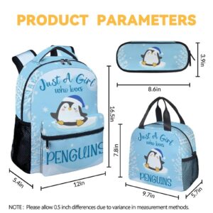 CUNEXTTIME Penguin Backpack with Lunch Box, Set of 3 School Backpacks Matching Combo for Girls Boys, Cute Blue Bookbag and Pencil Case Bundle