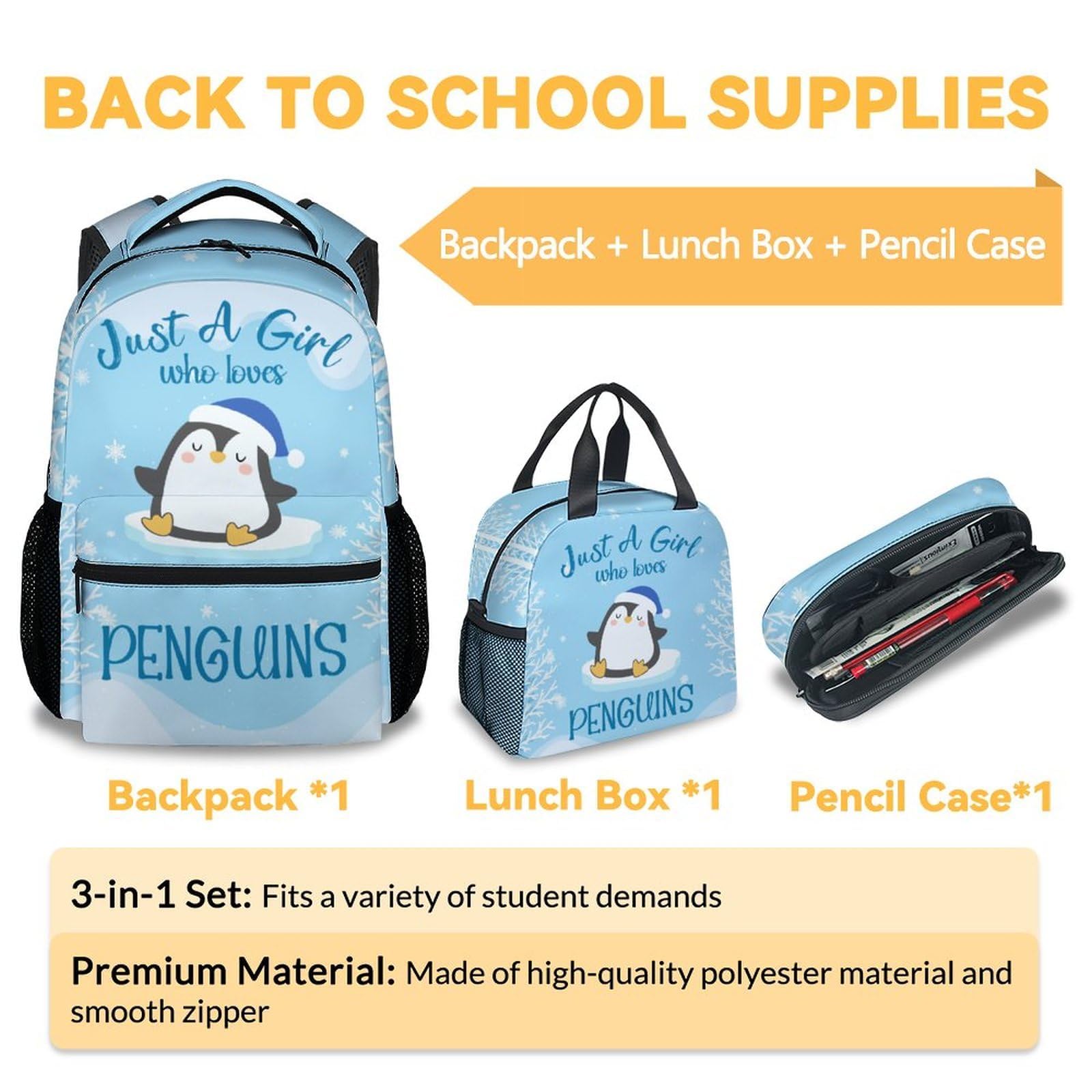 CUNEXTTIME Penguin Backpack with Lunch Box, Set of 3 School Backpacks Matching Combo for Girls Boys, Cute Blue Bookbag and Pencil Case Bundle