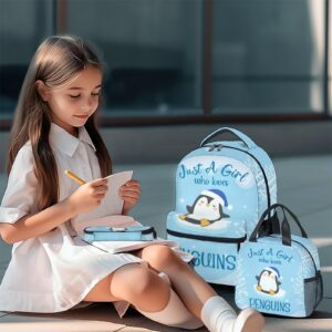 CUNEXTTIME Penguin Backpack with Lunch Box, Set of 3 School Backpacks Matching Combo for Girls Boys, Cute Blue Bookbag and Pencil Case Bundle