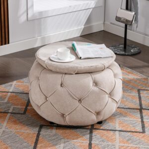 haizao round burlap storage ottoman, button tufted side table with lid, coffee table end table soft chair footrest footstool for living room, bedroom (beige)