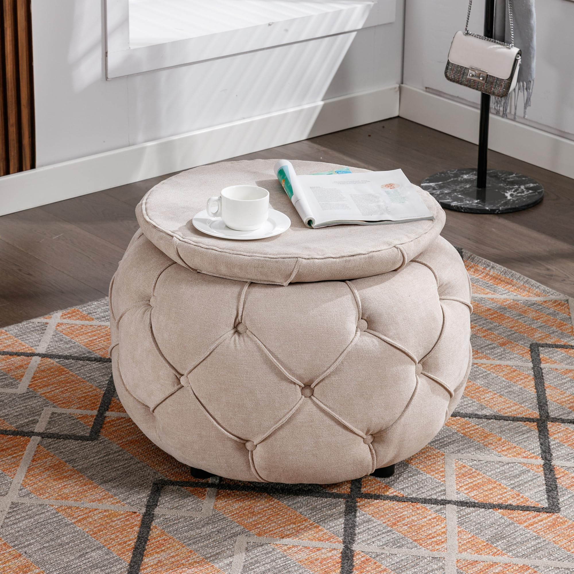 HAIZAO Round Burlap Storage Ottoman, Button Tufted Side Table with Lid, Coffee Table End Table Soft Chair Footrest Footstool for Living Room, Bedroom (Beige)