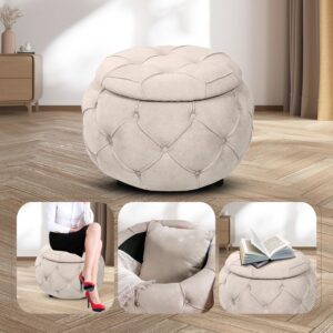 HAIZAO Round Burlap Storage Ottoman, Button Tufted Side Table with Lid, Coffee Table End Table Soft Chair Footrest Footstool for Living Room, Bedroom (Beige)