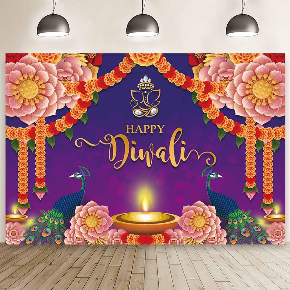 MEHOFOND 7x5ft Happy Diwali Party Backdrop Purple India Light Festival Photography Background Candle Burning Light Floral Peacock Diwali Party Decorations Cake Table Banner Photo Studio Supplies