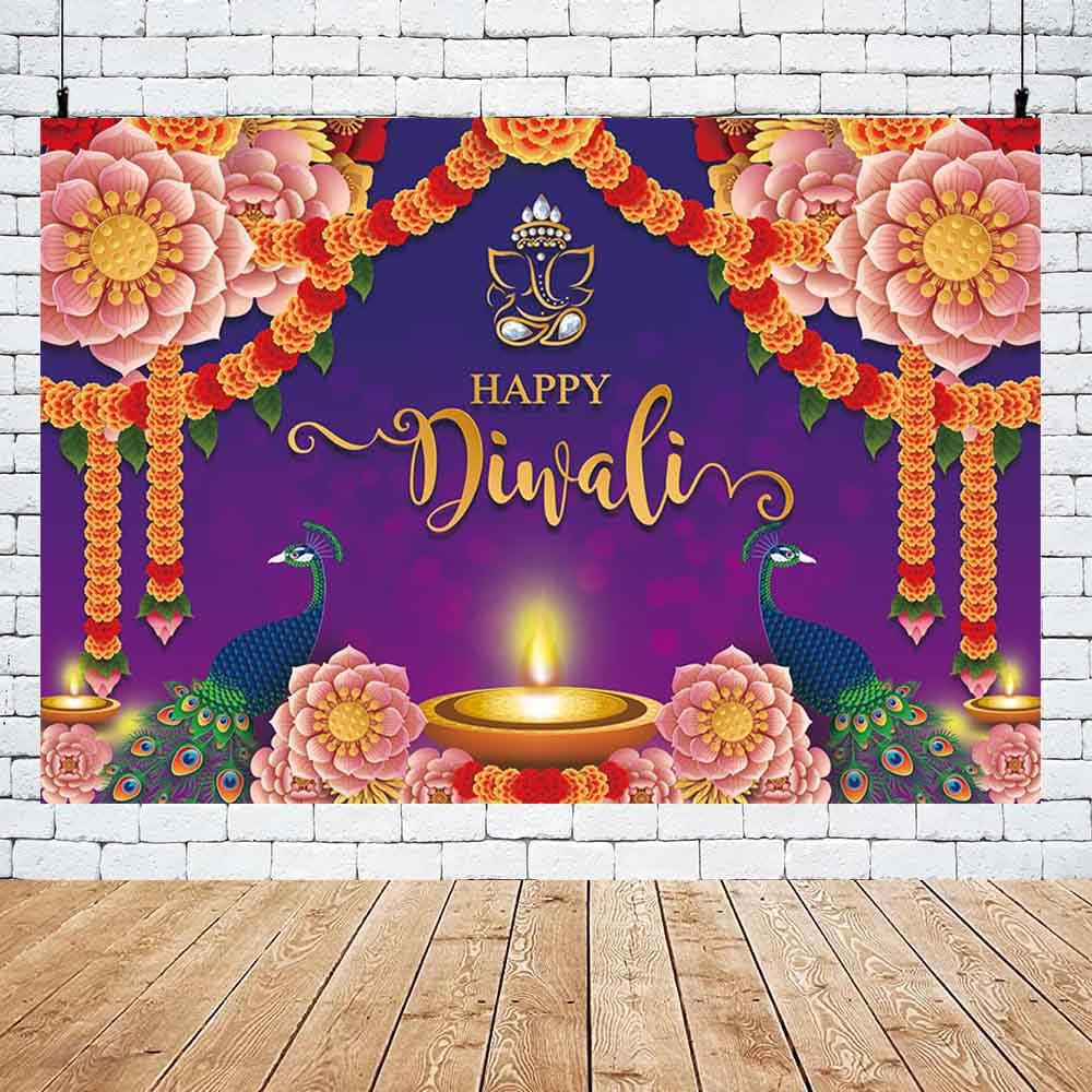 MEHOFOND 7x5ft Happy Diwali Party Backdrop Purple India Light Festival Photography Background Candle Burning Light Floral Peacock Diwali Party Decorations Cake Table Banner Photo Studio Supplies