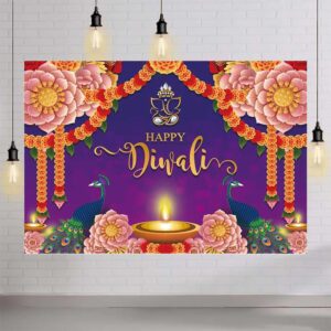 MEHOFOND 7x5ft Happy Diwali Party Backdrop Purple India Light Festival Photography Background Candle Burning Light Floral Peacock Diwali Party Decorations Cake Table Banner Photo Studio Supplies