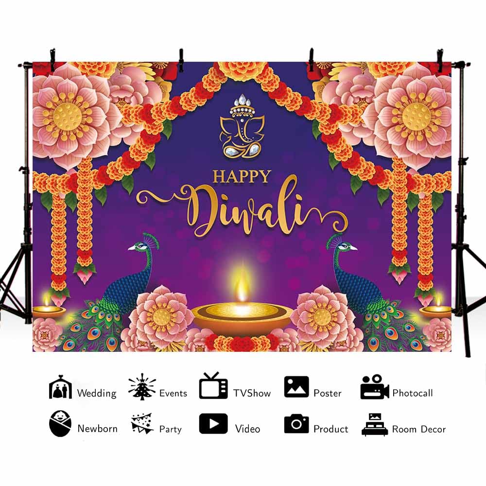 MEHOFOND 7x5ft Happy Diwali Party Backdrop Purple India Light Festival Photography Background Candle Burning Light Floral Peacock Diwali Party Decorations Cake Table Banner Photo Studio Supplies