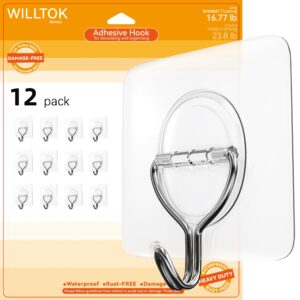 willtok 12pcs premium adhesive hooks, stainless steel no-tools adhesive hooks for hanging heavy duty, sticky adhesive hook with strong holding for decoration/organization