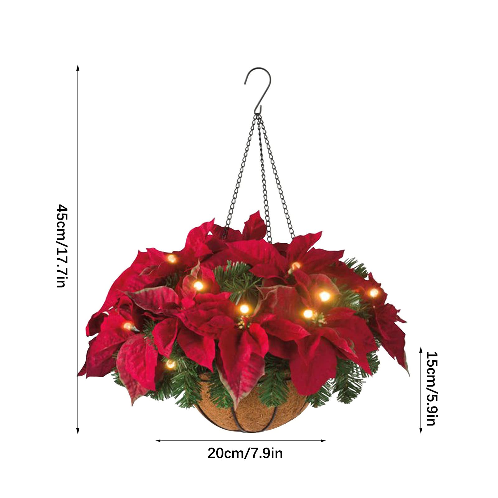 JUOPZKENN Prelit Artificial Christmas Hanging Basket, Artificial Poinsettia Hanging Basket Christmas Decoration Pendant with LED Lights, Fake Floral Arrangement Ornaments Xmas Holiday Favor