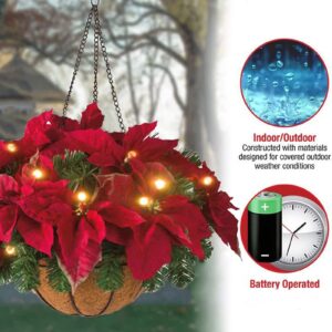 JUOPZKENN Prelit Artificial Christmas Hanging Basket, Artificial Poinsettia Hanging Basket Christmas Decoration Pendant with LED Lights, Fake Floral Arrangement Ornaments Xmas Holiday Favor