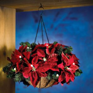 JUOPZKENN Prelit Artificial Christmas Hanging Basket, Artificial Poinsettia Hanging Basket Christmas Decoration Pendant with LED Lights, Fake Floral Arrangement Ornaments Xmas Holiday Favor