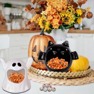 DIYDEC 2pcs Halloween Candy Bowls, Halloween Candy Dish Candle Holder Bat Ghost Ceramic Dish for Halloween Tiered Tray Ornament Tableware Party Decor Gifts