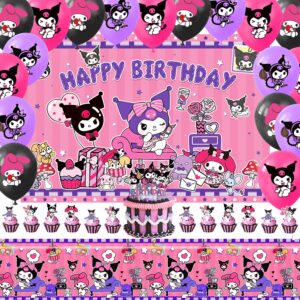kawaii anime cute birthday party supplies, cute kitten party decorations include backdrop, balloons, tableware, cupcake toppers, tablecloth, stickers, pink kitten themed party decorations for girls