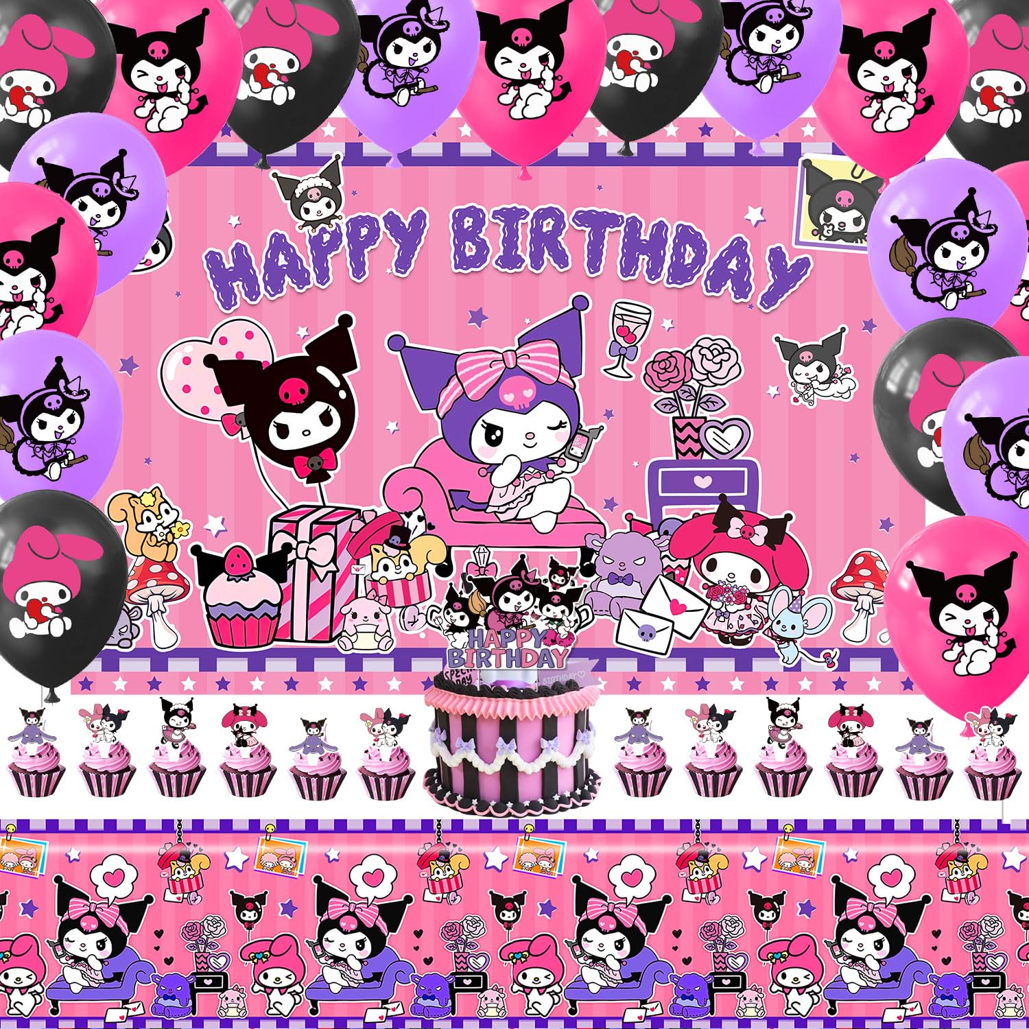 Kawaii Anime Cute Birthday Party Supplies, Cute Kitten Party Decorations Include Backdrop, Balloons, Tableware, Cupcake Toppers, Tablecloth, Stickers, Pink Kitten Themed Party Decorations for Girls