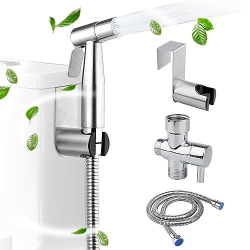 Handheld Bidet Sprayer Set for Toilet, Stainless Steel Hand Jet Sprayer with Anti-Leaking Hose & T-Adapter, Support Wall or Toilet Mount for Cloth Diaper Cleaning/Baby or Pets Shower