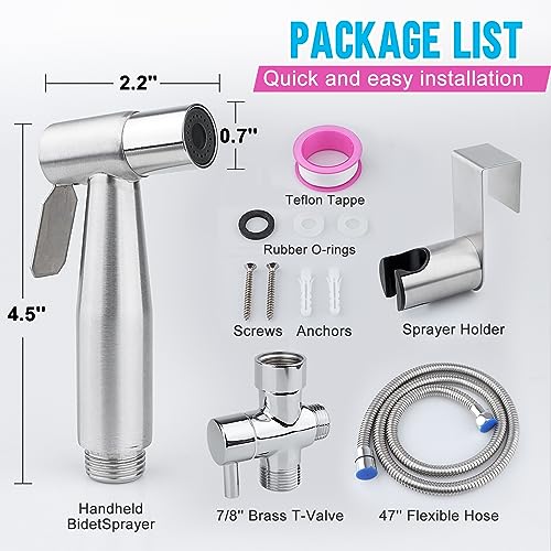 Handheld Bidet Sprayer Set for Toilet, Stainless Steel Hand Jet Sprayer with Anti-Leaking Hose & T-Adapter, Support Wall or Toilet Mount for Cloth Diaper Cleaning/Baby or Pets Shower