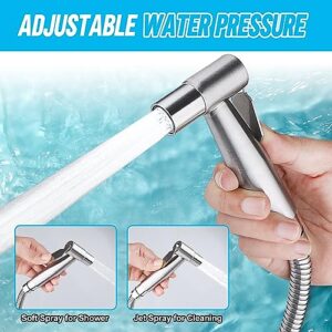 Handheld Bidet Sprayer Set for Toilet, Stainless Steel Hand Jet Sprayer with Anti-Leaking Hose & T-Adapter, Support Wall or Toilet Mount for Cloth Diaper Cleaning/Baby or Pets Shower