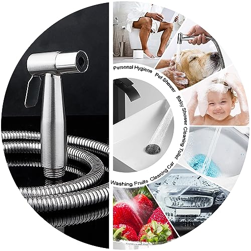 Handheld Bidet Sprayer Set for Toilet, Stainless Steel Hand Jet Sprayer with Anti-Leaking Hose & T-Adapter, Support Wall or Toilet Mount for Cloth Diaper Cleaning/Baby or Pets Shower