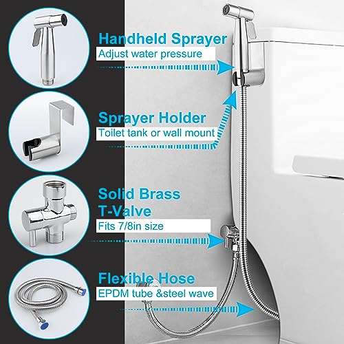 Handheld Bidet Sprayer Set for Toilet, Stainless Steel Hand Jet Sprayer with Anti-Leaking Hose & T-Adapter, Support Wall or Toilet Mount for Cloth Diaper Cleaning/Baby or Pets Shower