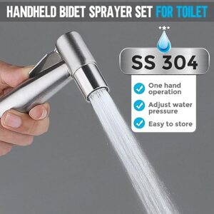 Handheld Bidet Sprayer Set for Toilet, Stainless Steel Hand Jet Sprayer with Anti-Leaking Hose & T-Adapter, Support Wall or Toilet Mount for Cloth Diaper Cleaning/Baby or Pets Shower