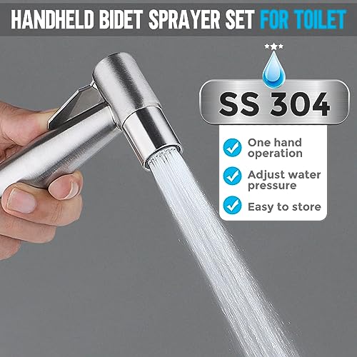 Handheld Bidet Sprayer Set for Toilet, Stainless Steel Hand Jet Sprayer with Anti-Leaking Hose & T-Adapter, Support Wall or Toilet Mount for Cloth Diaper Cleaning/Baby or Pets Shower