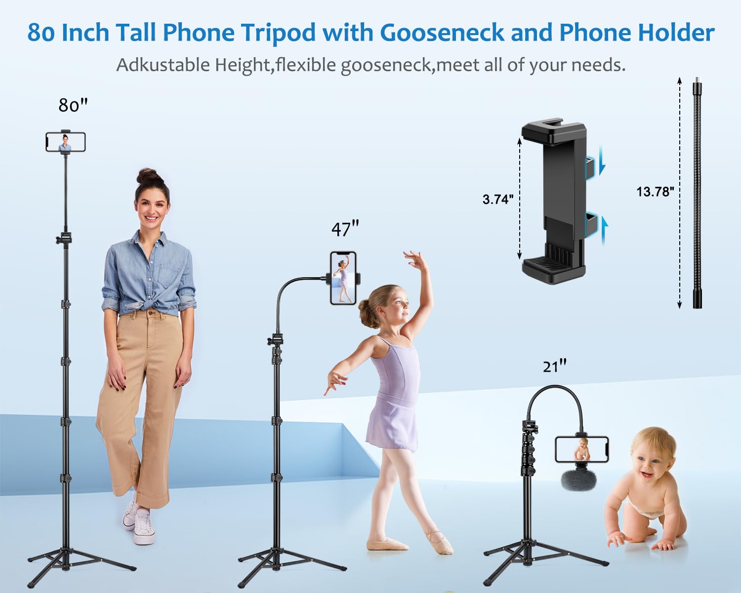 Phone Tripod, 80" Tall Tripod for iPhone with 13" Adjustable Gooseneck, Cell Phone Tripod with Remote and Phone Holder, Overhead Tripod Stand for iPhone 15 14 13 12 Android Phone