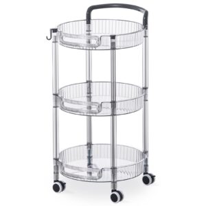 hybrideas 3-tier rolling storage cart with wheels & handle, multi-functional small round plastic movable utility organizer for living room, bathroom, and makeup