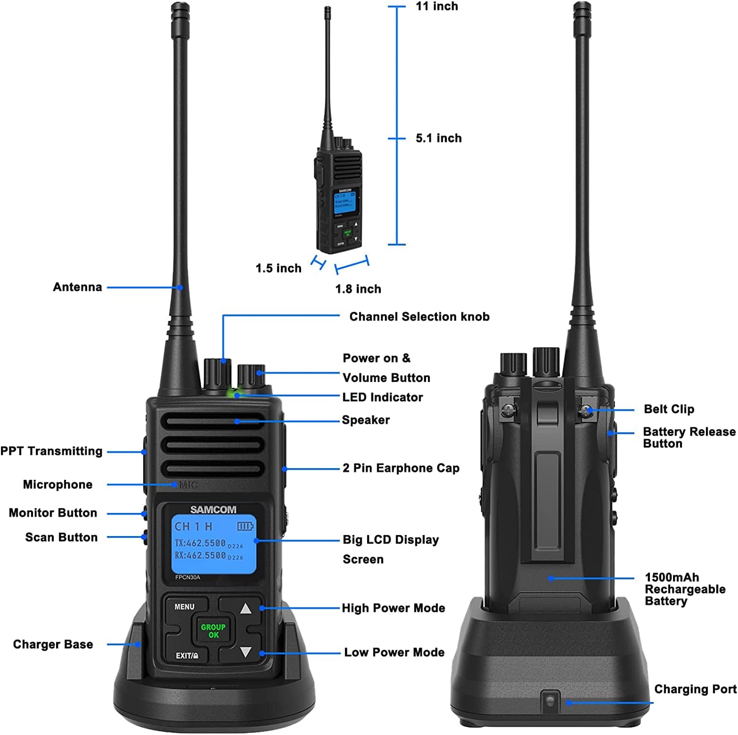 SAMCOM FPCN30A Two Way Radios Long Range 5 watts,Programmable UHF 2 Way Radios, 1500mAh Battery Operated Walkie Talkies with Earpieces for Adults, Group Call Long Distance Radio, 1 Pack