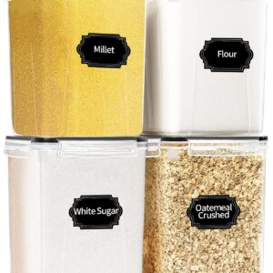 HKJ Chef 4 Pack Large Airtight Food Storage Containers with Lids (5.2L / 176oz), BPA Free Plastic Kitchen and Pantry Organization Contianers for Cereal Flour and Sugar Storage - Labels & Marker