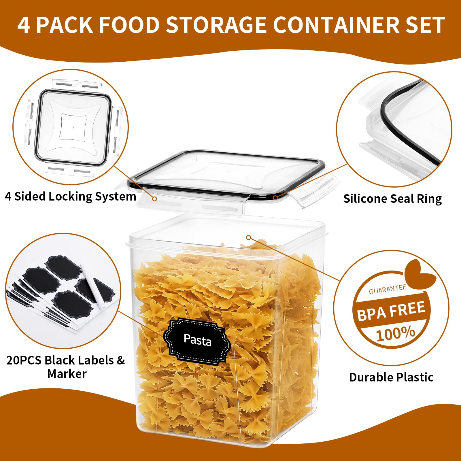 HKJ Chef 4 Pack Large Airtight Food Storage Containers with Lids (5.2L / 176oz), BPA Free Plastic Kitchen and Pantry Organization Contianers for Cereal Flour and Sugar Storage - Labels & Marker