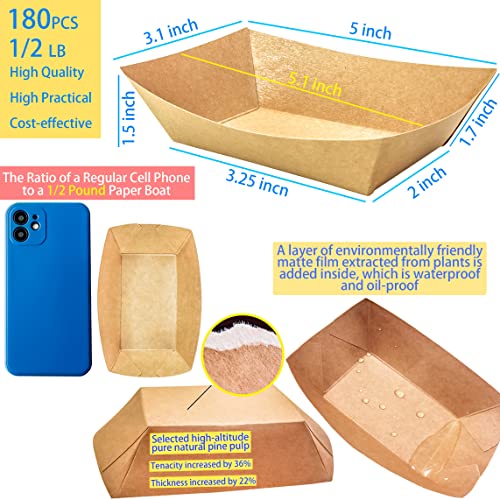 MotBach 300 Pack 1/2 Lb Paper Food Boat Trays Disposable Small Paper Boats, Mini Kraft Paper Food Trays Paper Food Serving Boat Tray Basket for Snacks Tacos Popcorn BBQ Sauce Fries Nacho