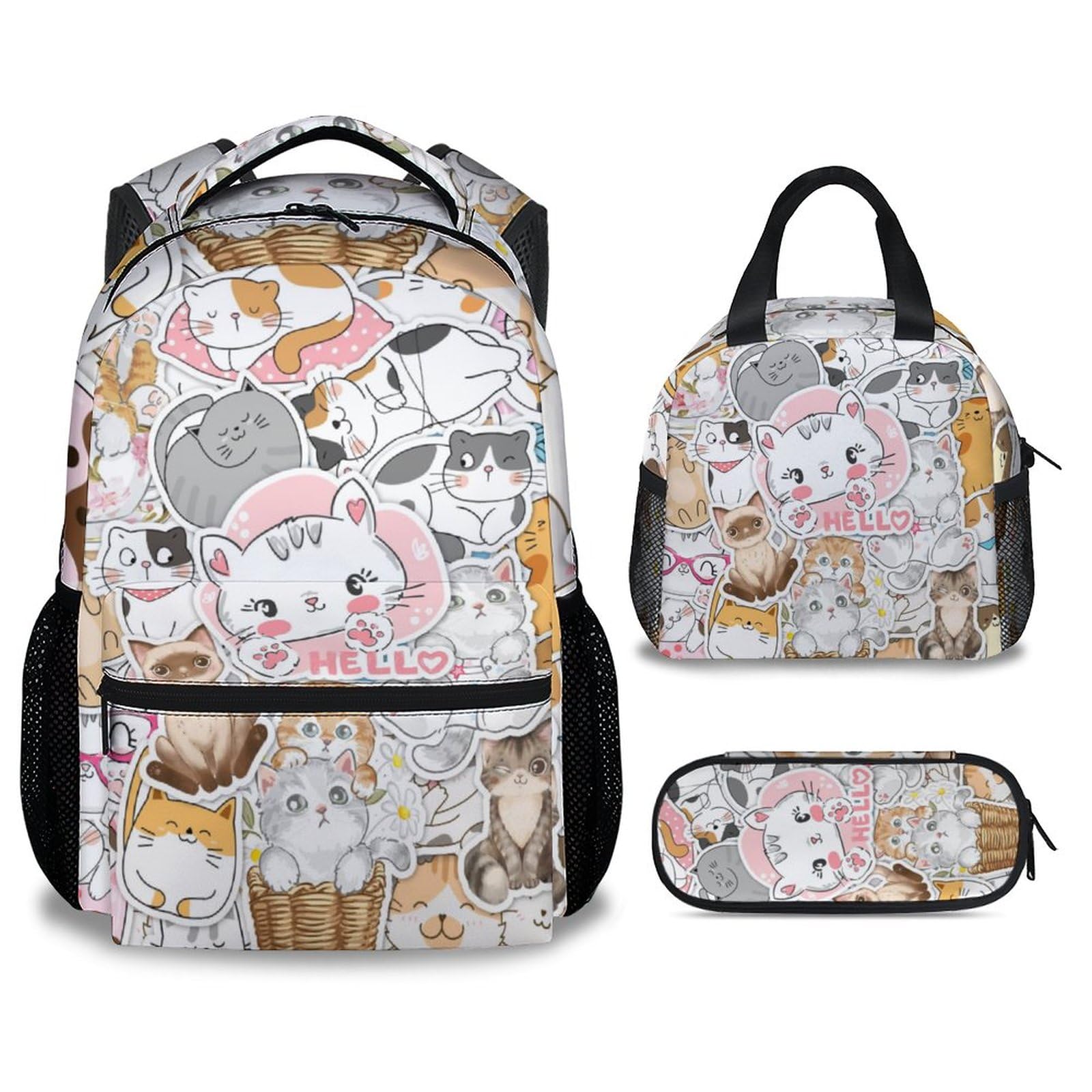 Homexzdiy Cat Backpack with Lunch Box Set for Girls Boys, 3 in 1 School Backpacks Matching Combo, Cute Pink Bookbag and Pencil Case Bundle