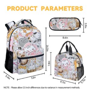 Homexzdiy Cat Backpack with Lunch Box Set for Girls Boys, 3 in 1 School Backpacks Matching Combo, Cute Pink Bookbag and Pencil Case Bundle