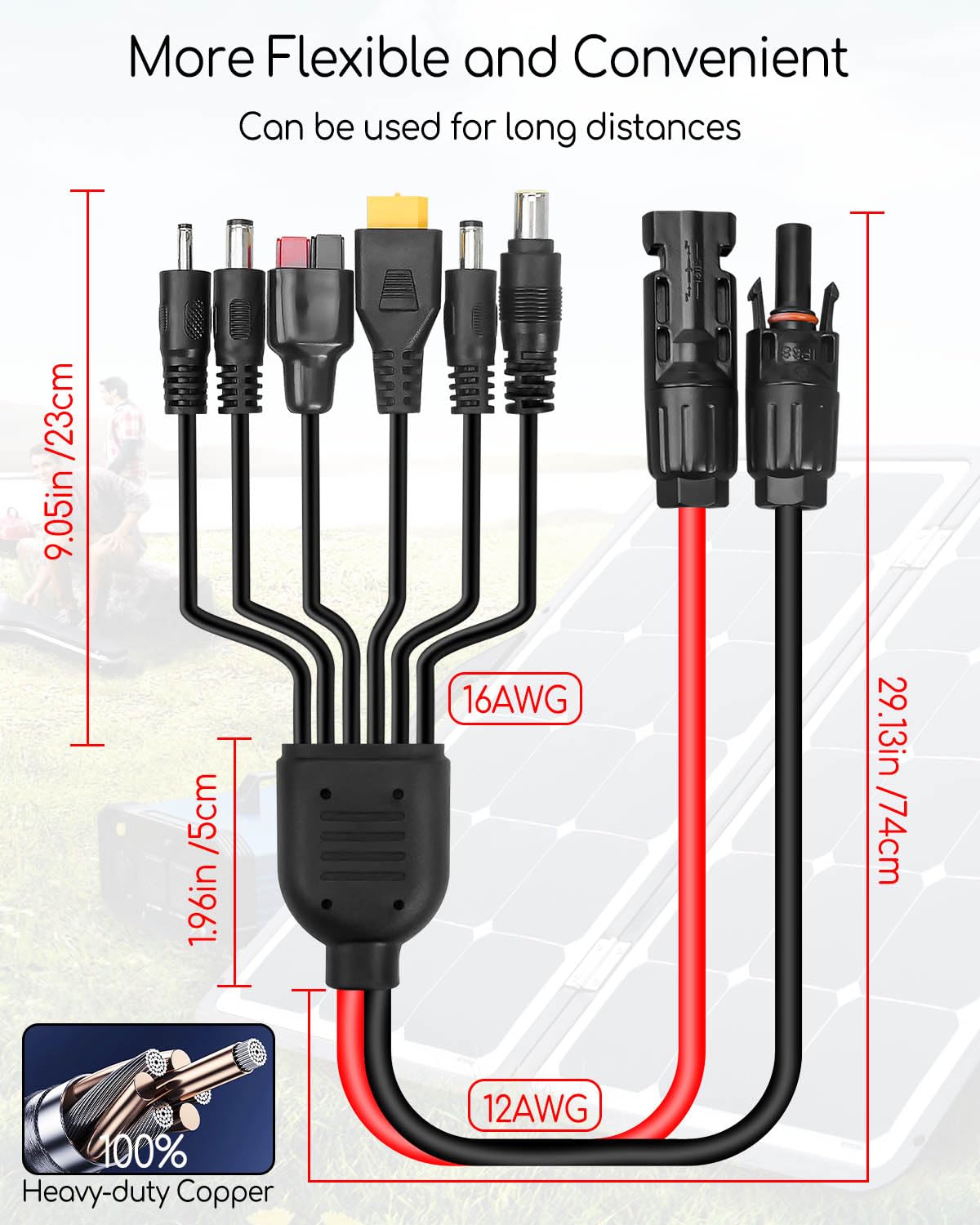 PNYZIK Upgraded 6-in-1 Solar Connector Kit for Portable Motors and Solar Panels/Motors, 100CM Universal Solar Adapter Connecting Harness with Female and Male Connectors, 1 Pc