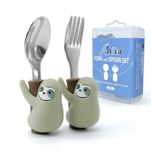 ybw toddler spoon and fork utensil set with case, easy grip cute sloth animal handle, on-the-go pack for baby toddler self-feeding for home travel use, sloth