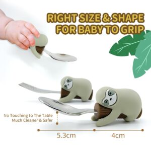 YBW Toddler Spoon and Fork Utensil Set with Case, Easy Grip Cute Sloth Animal Handle, On-The-Go Pack for Baby Toddler Self-Feeding for Home Travel Use, Sloth