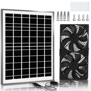 solar fan, 15w solar powered fan with 14ft wire and dual brushless fans, waterproof panel with solar exhaust fan for greenhouse, pet houses, outside.……