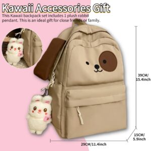 iwhgrmp Kawaii Backpack with Cute Accessories Plush Cartoon Pendant Cute Aesthetic Travel Backpack High-Capacity Daily Bag (Khaki_3628)