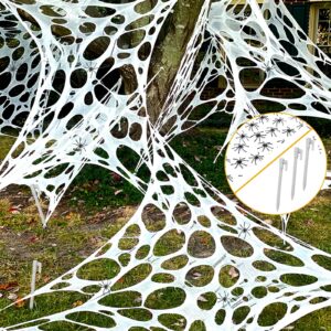 47.5 x 157.5In Spider Webs Halloween Decorations, 400Sqft Giant Stretchy Beef Netting Cut-Your-Own Spider Webbing Bulk with Fake Cobweb Spider, Landscape Stake for Garden Home Outdoor Halloween Décor