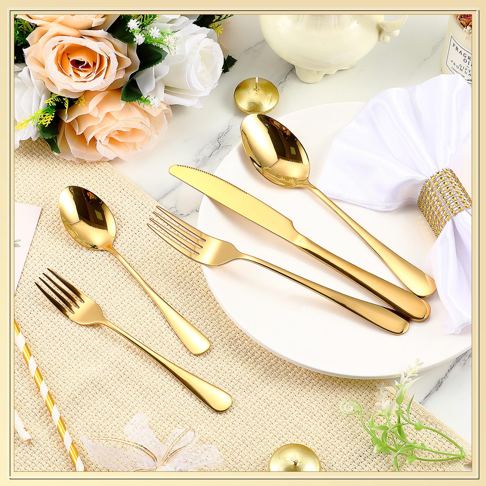 Dandat 500 Pcs Stainless Steel Flatware Set Service for 100 Guest, Cutlery Utensil Set, Include Fork Knife Spoon for Guest Dinner Home Kitchen Wedding Holiday Halloween Christmas Party (Gold)