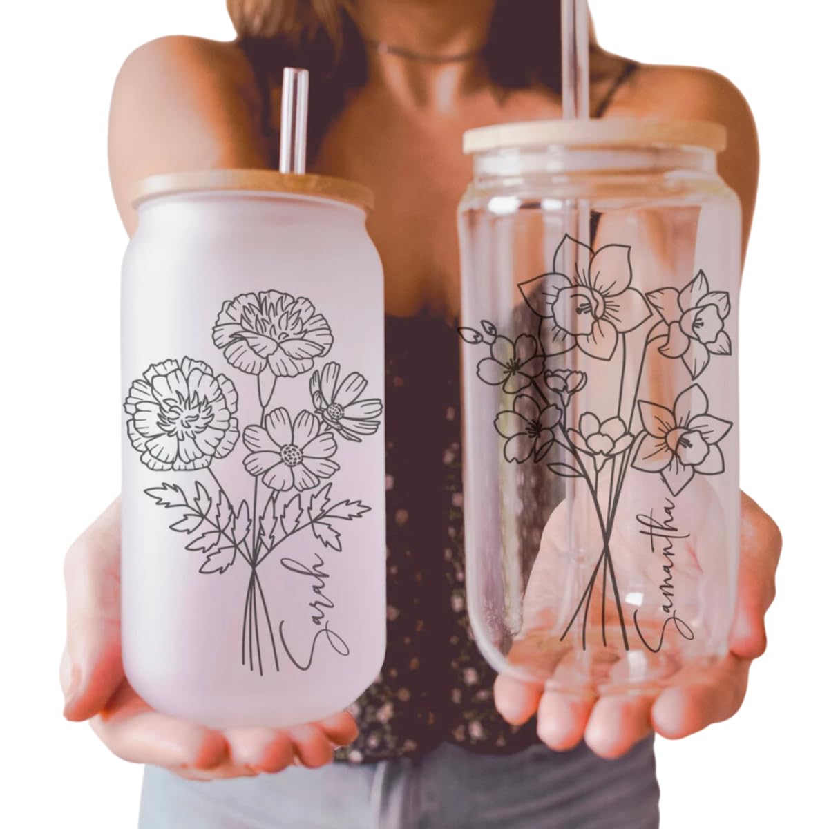 Christmas Gift Personalized Tumbler Set with Straw Birth Flower Custom Glass Cup with Lid, Bridesmaid Proposal Christmas Gift Ideas for Women (Birth Flower Frosted)