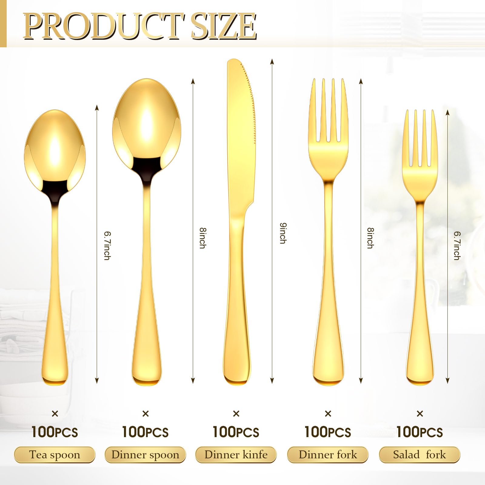 Dandat 500 Pcs Stainless Steel Flatware Set Service for 100 Guest, Cutlery Utensil Set, Include Fork Knife Spoon for Guest Dinner Home Kitchen Wedding Holiday Halloween Christmas Party (Gold)