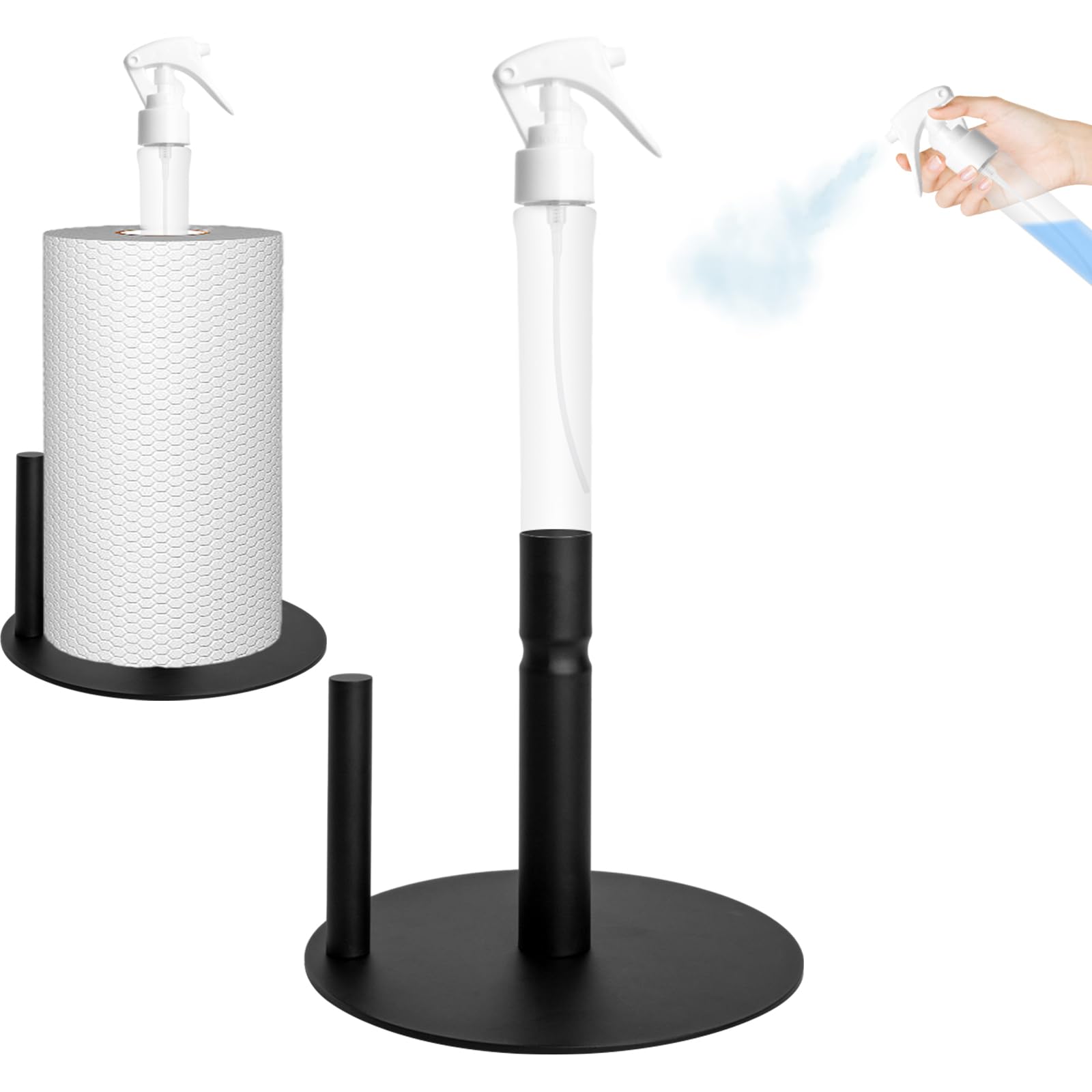 Paper Towel Holder with Spray Bottle Focalmotors Black Stainless Steel Napkin Roll Dispenser Stand, One-Handed Operation Countertop Paper Towels Holder with Non Slip Weighted Base