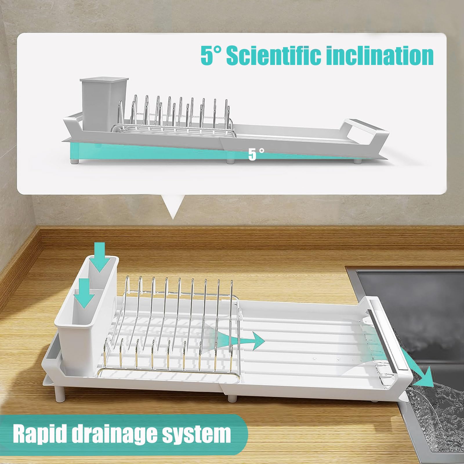 Extendable Dish Drying Rack,Space-Saving Multifunctional Compact Dish Racks for Kitchen Counter,in Sink Small Dish Drying Rack, Auto-Drain Stainless Steel Dish Strainers with Utensil Caddy (White)