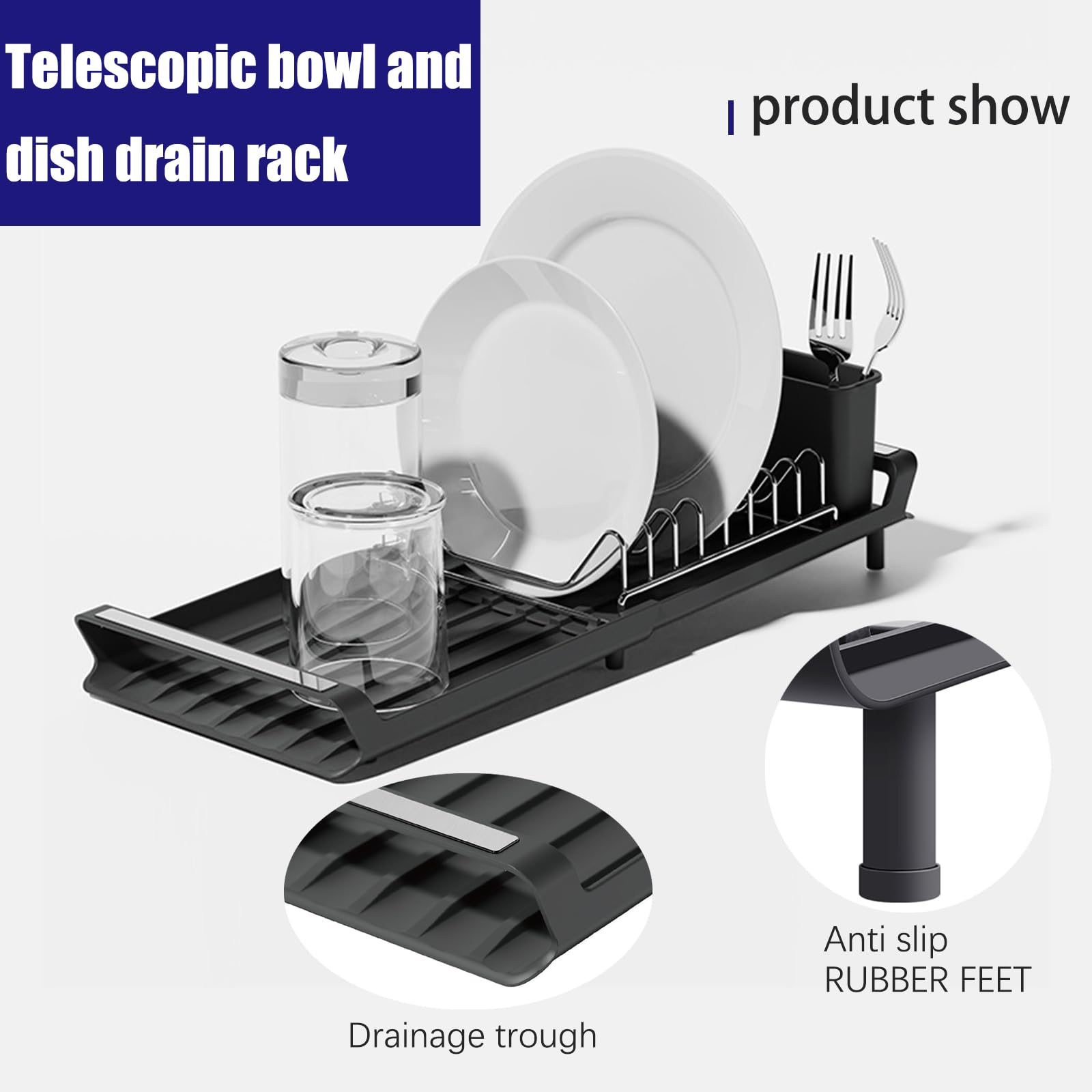 Extendable Dish Drying Rack,Space-Saving Multifunctional Compact Dish Racks for Kitchen Counter,in Sink Small Dish Drying Rack, Auto-Drain Stainless Steel Dish Strainers with Utensil Caddy (White)