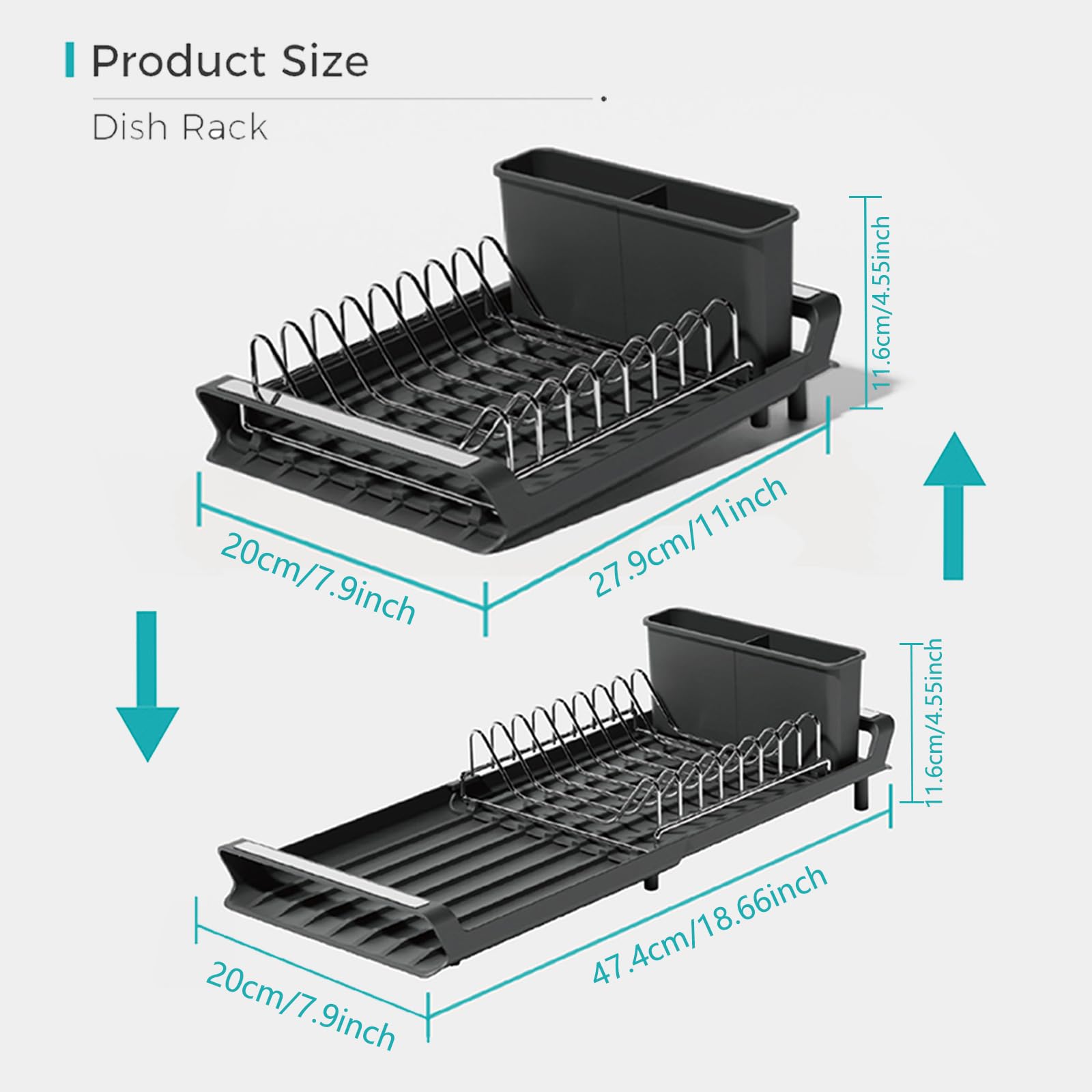 Extendable Dish Drying Rack,Space-Saving Multifunctional Compact Dish Racks for Kitchen Counter,in Sink Small Dish Drying Rack, Auto-Drain Stainless Steel Dish Strainers with Utensil Caddy (White)