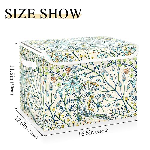 Ollabaky Floral Herbs Berry Foldable Storage Bin with Lid Storage Box Large Cube Organizer Containers Baskets with Handles for Closet Organization, Shelves, Toys, Clothes