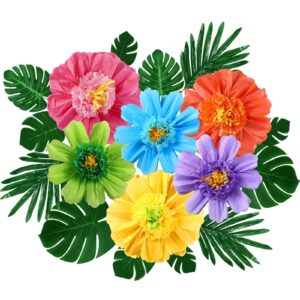 40 Pcs Large Paper Flowers and Artificial Tropical Leaves, 24''/12'' Jumbo 3D Chroma Paper Flowers Faux Leaves for Safari Jungle Hawaiian Luau Party Birthday Wedding BBQ Table Decor (Palm Leaf)